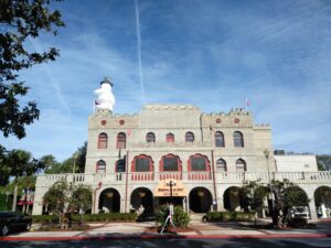 Ripley's Believe It or Not St. Augustine Building with Palm Trees and inflatable snowman on the roof
