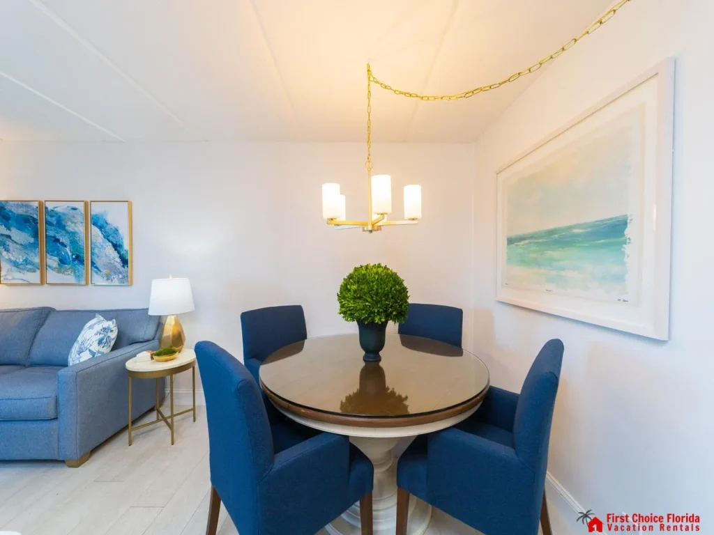 Cozy dining area with stylish blue accents!