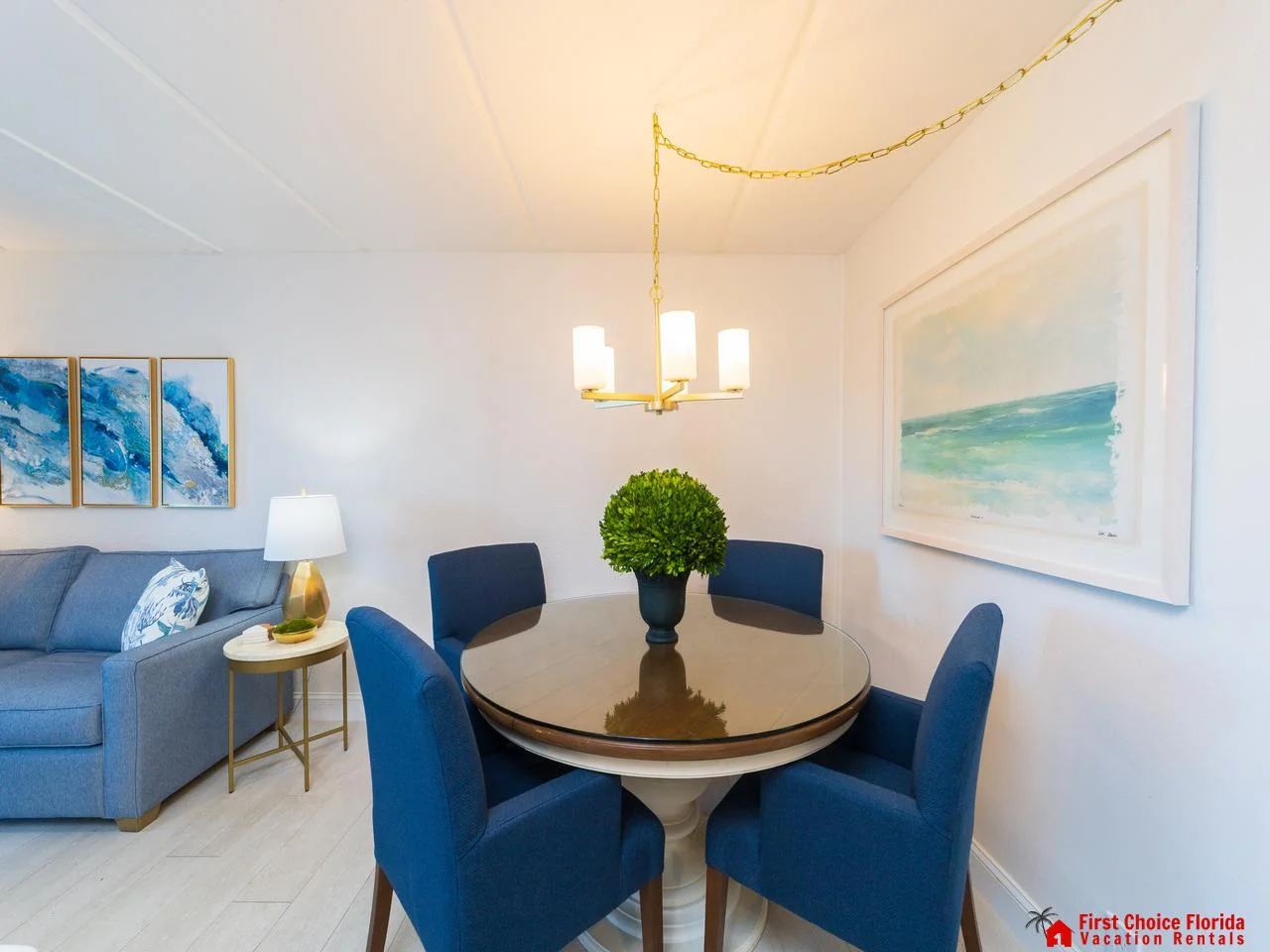 Cozy dining area with stylish blue accents!