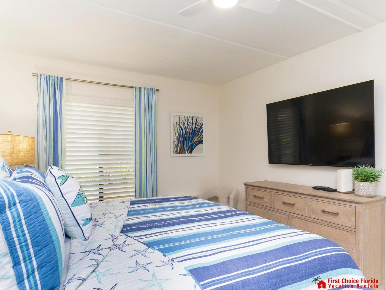 Cozy bedroom retreat with vibrant coastal-inspired decor!