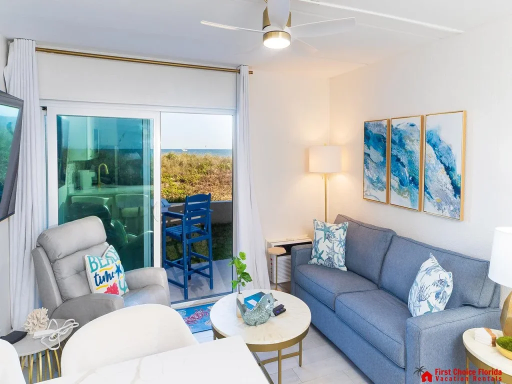 Cozy living room with vibrant art and ocean views!
