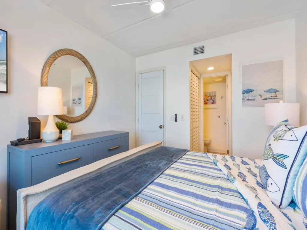Cozy bedroom retreat with calming coastal decor and natural light!