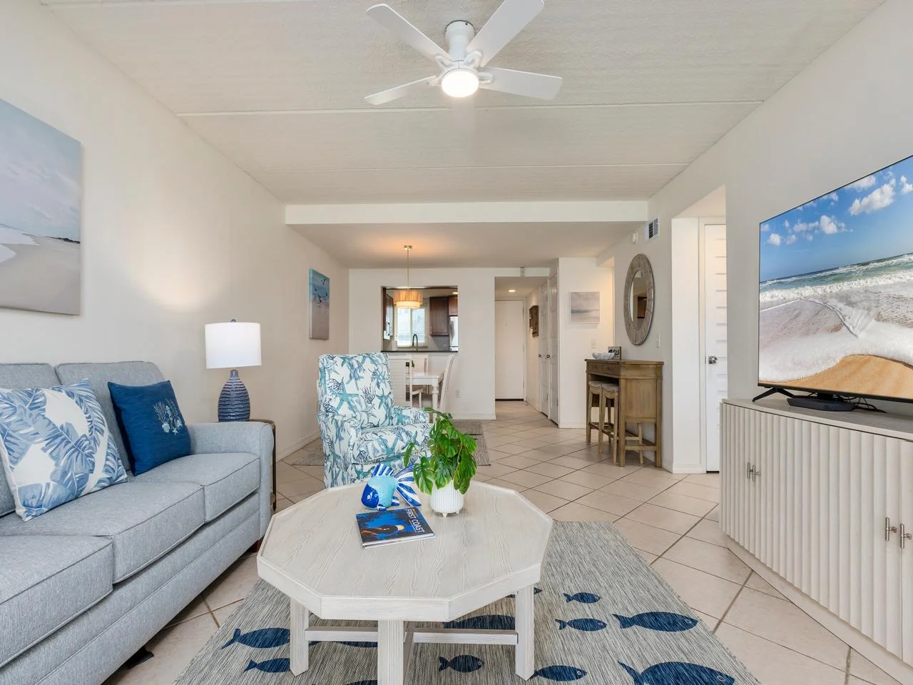 Cozy living room with coastal decor and open layout!