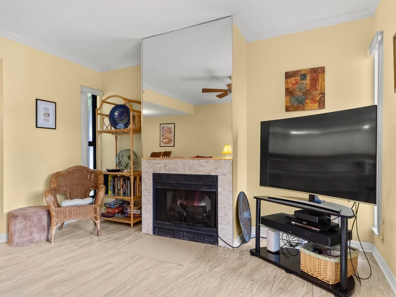 Cozy living room with fireplace and entertainment center