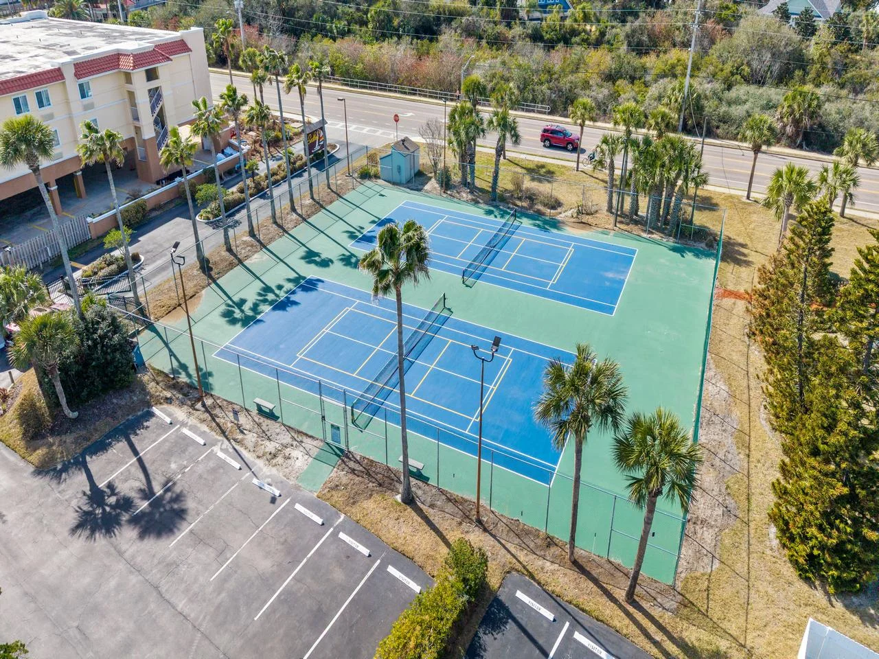 Sunlit tennis courts surrounded by lush palm trees