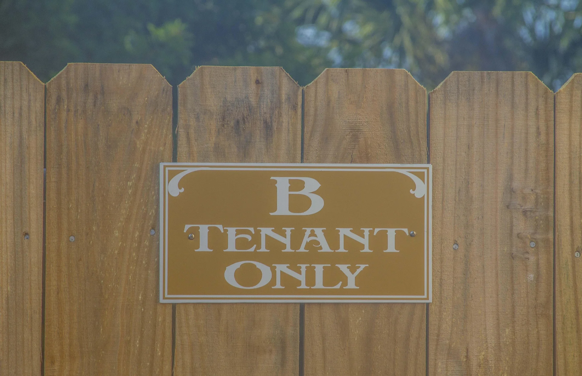 Yellow and white "B Tenant Only" sign mounted on a natural wood privacy fence with vertical planks.