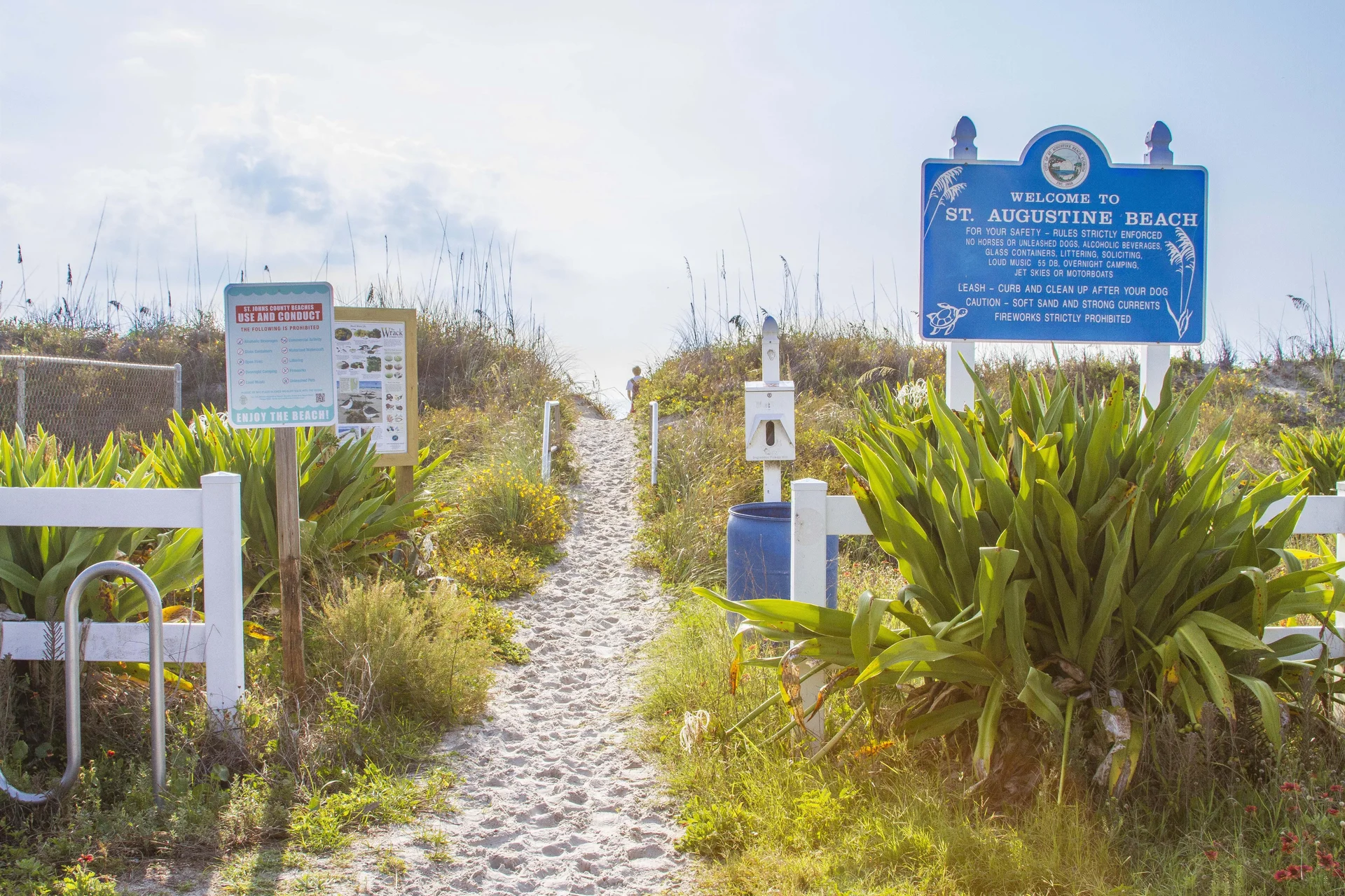 Sandy path bordered by green foliage and white fences leads to St. Augustine Beach with informational signs.