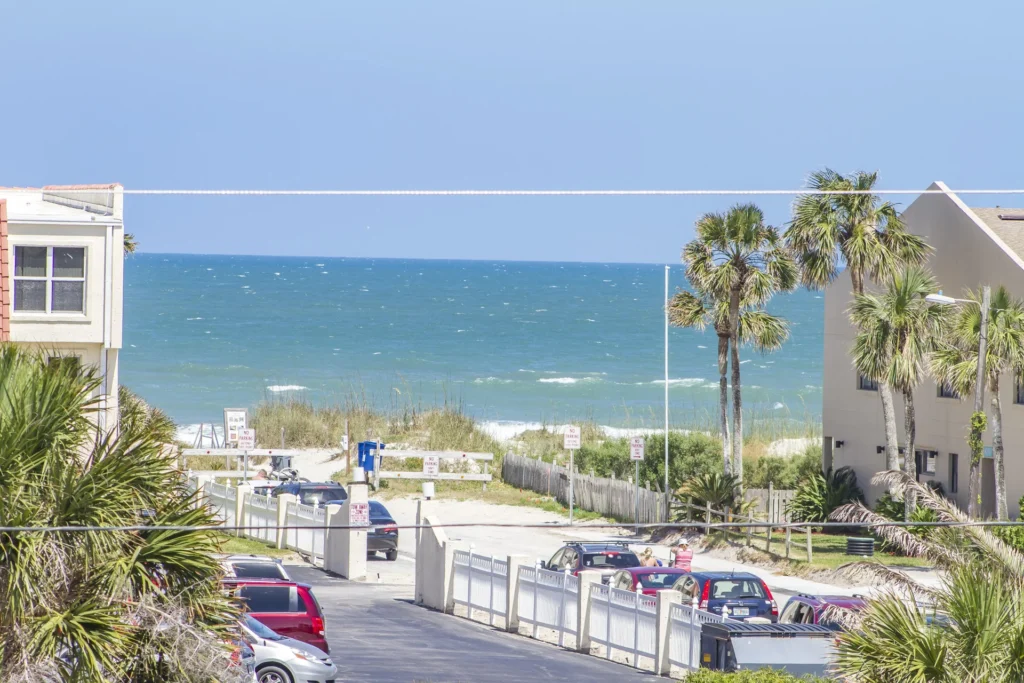 Street view showing parked cars, palm trees lining sandy dunes, and the ocean beyond under a clear blue sky.