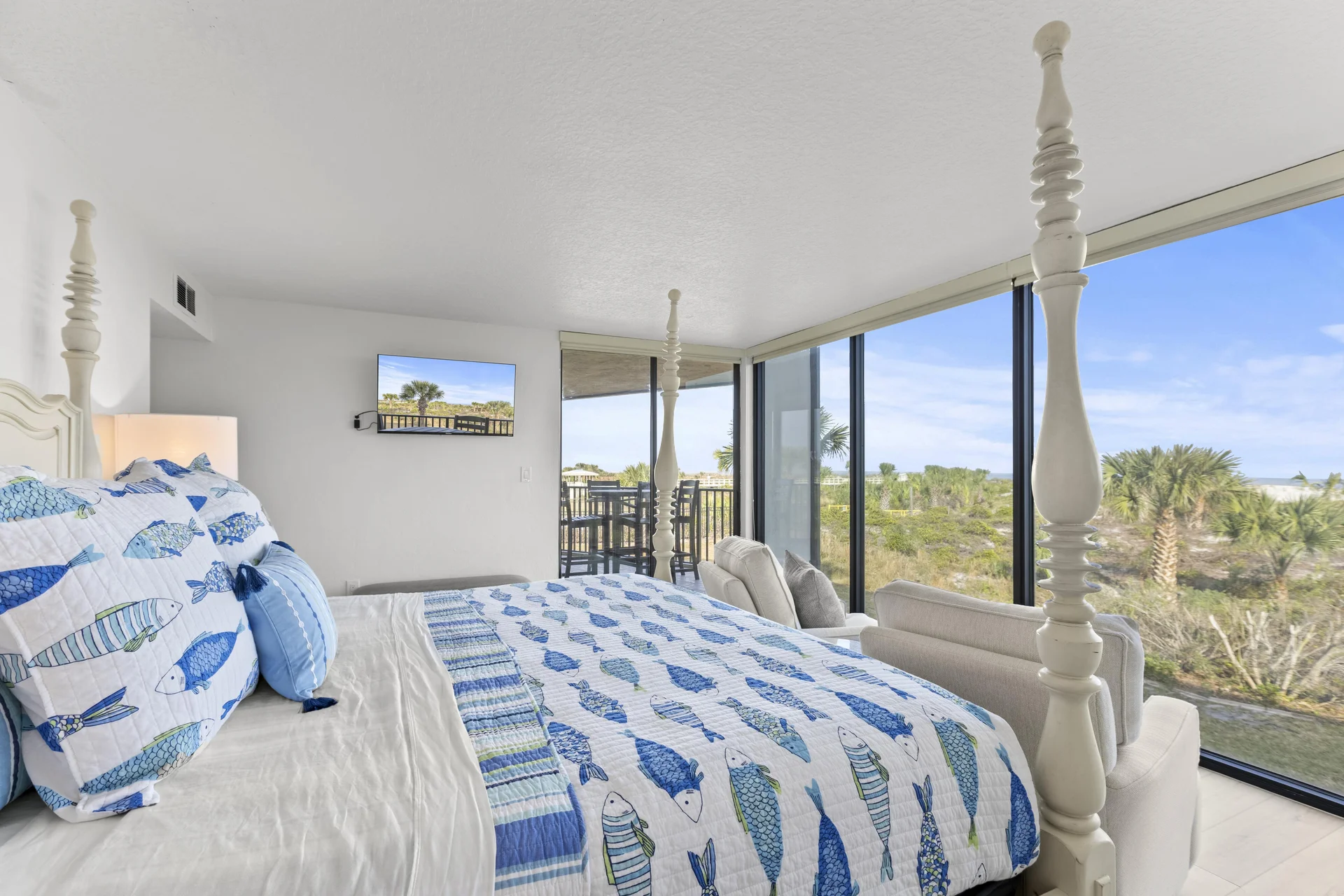 Primary bedroom with comfy king bed and 46 in smart TV