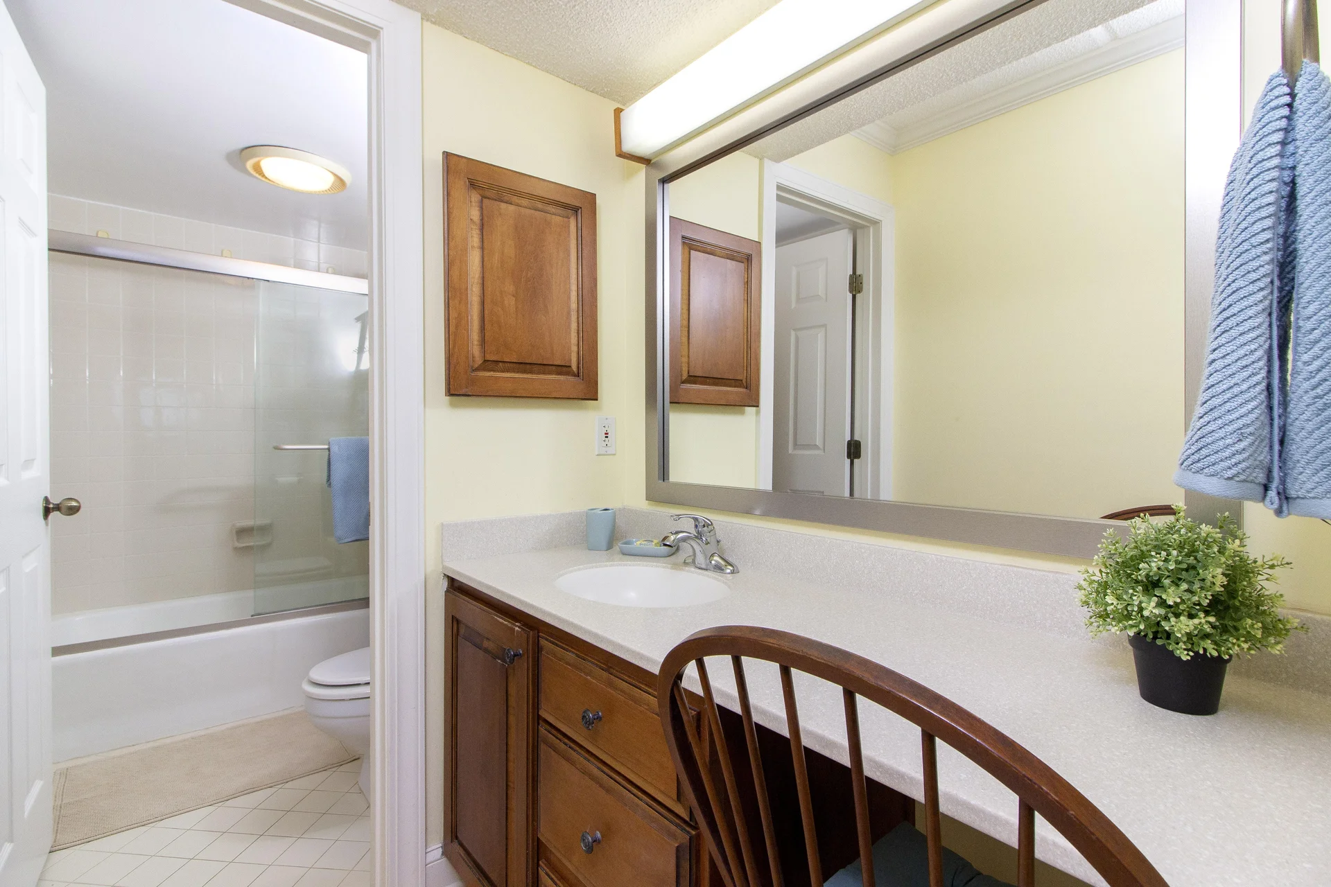 Bathroom vanity with wood cabinetry, large mirror, built-in lighting, and adjacent tub with sliding glass doors.