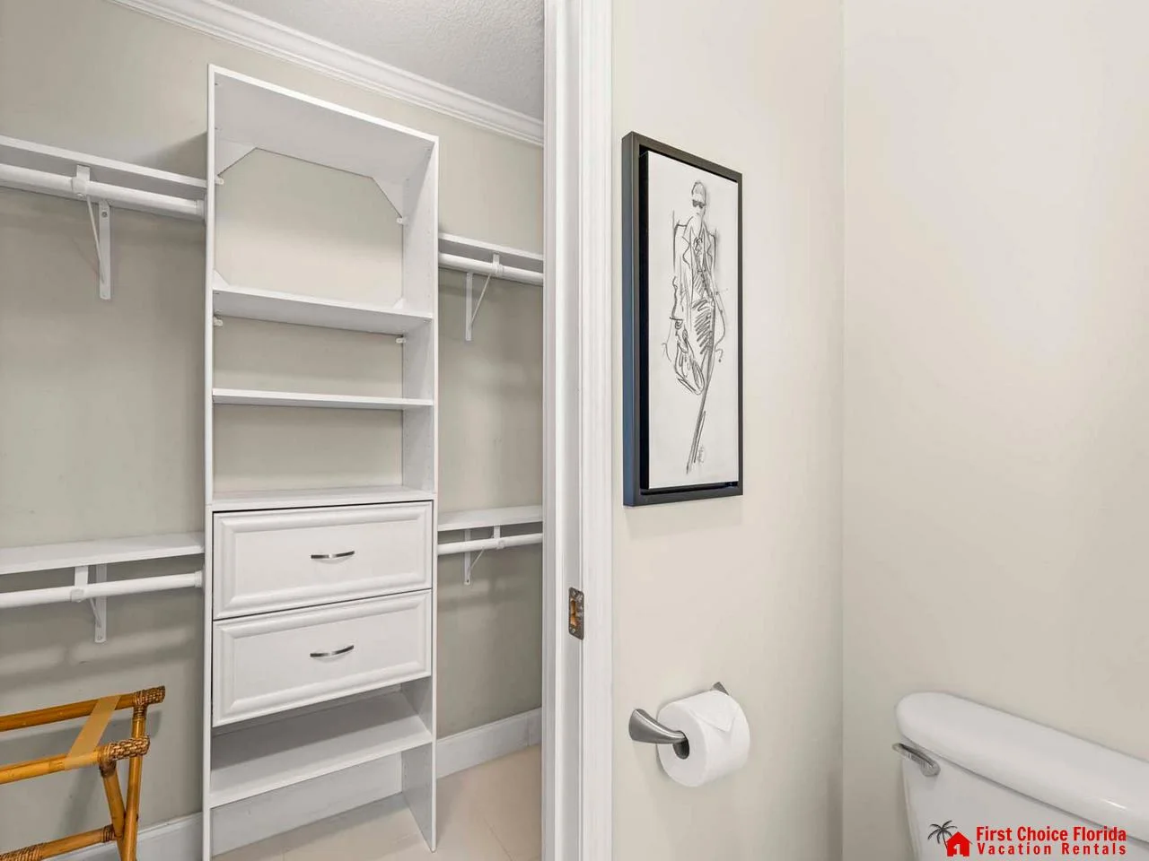 Organized closet space with modern shelving and storage