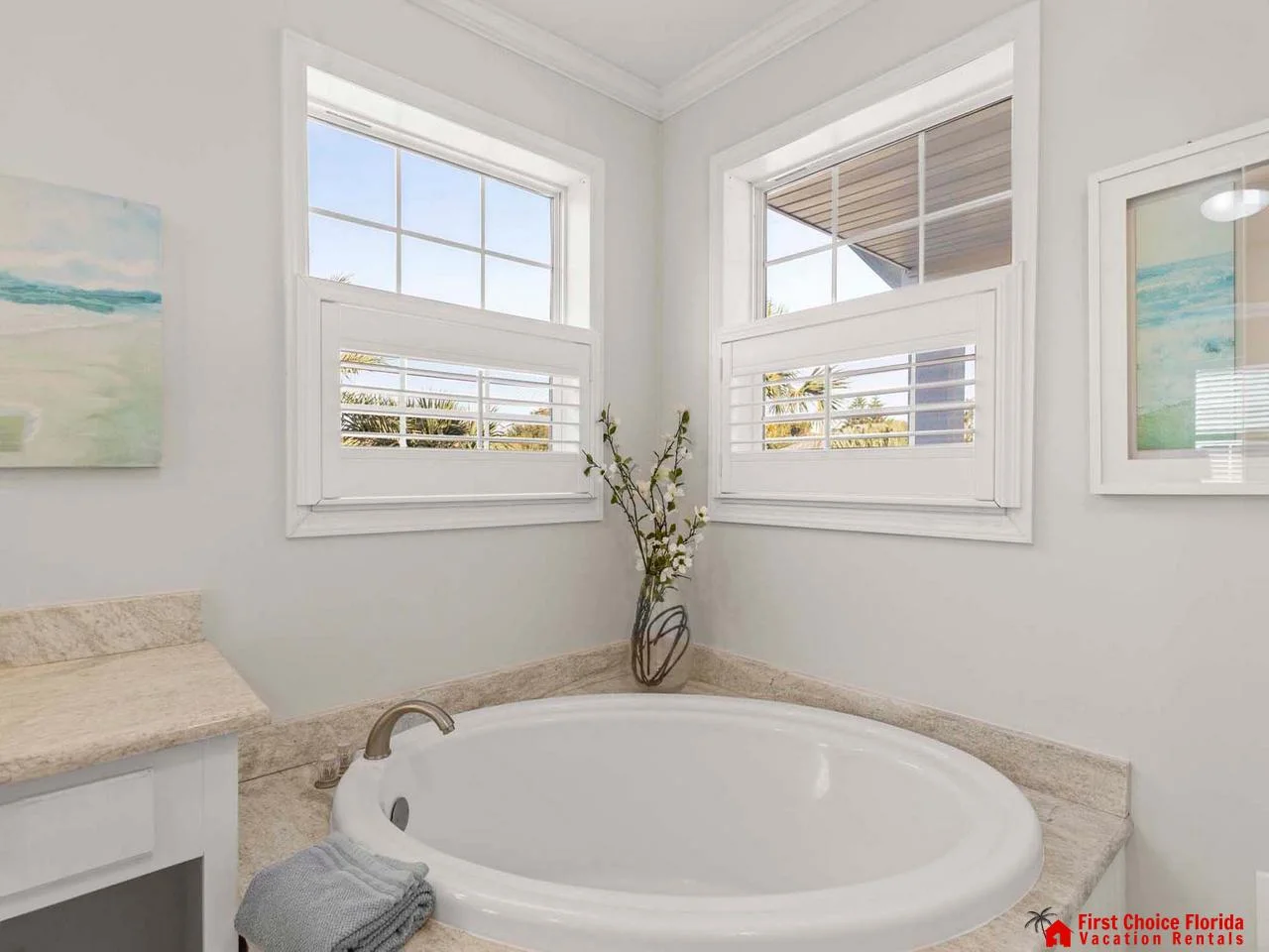 Bright bathroom retreat with a spacious soaking tub