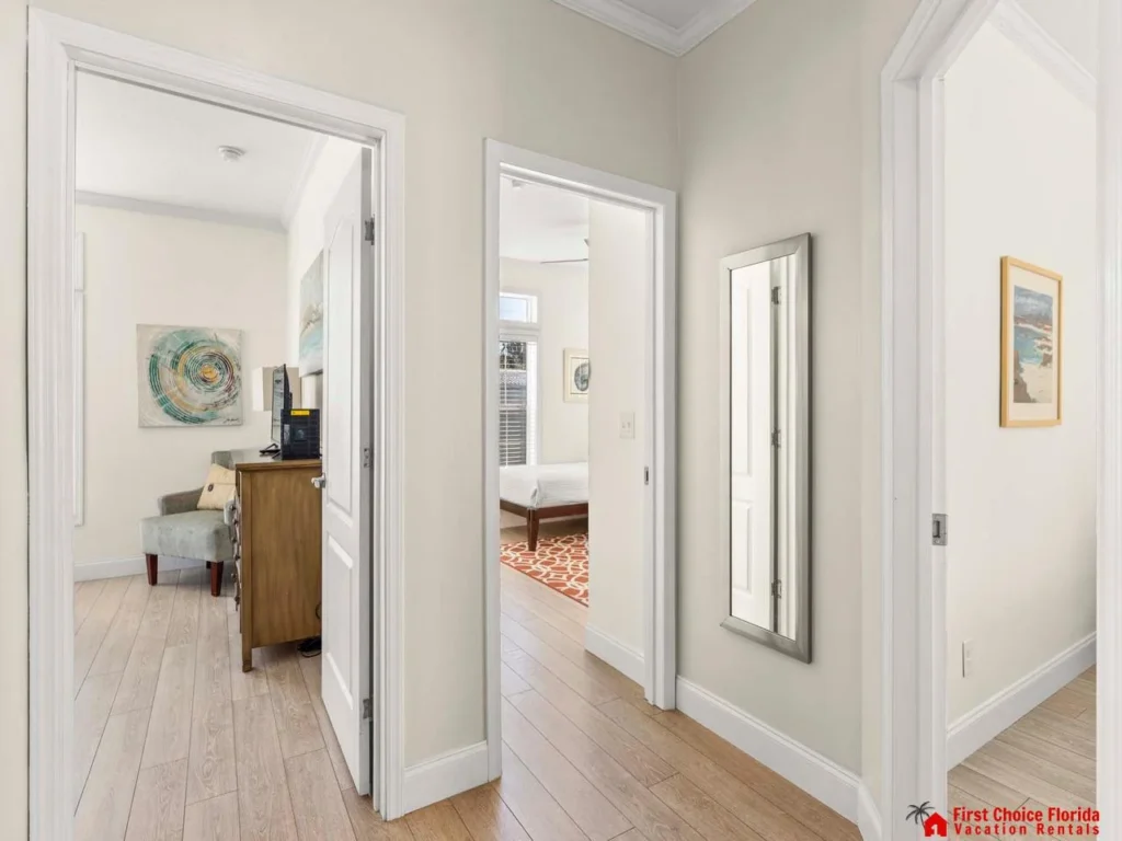Bright, airy hallway leading to cozy living spaces