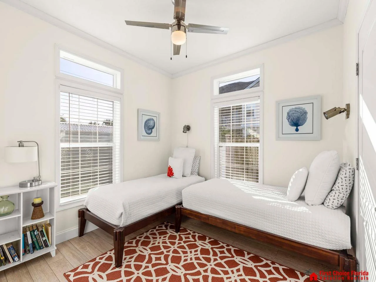Bright and airy twin bedroom with cozy reading nook