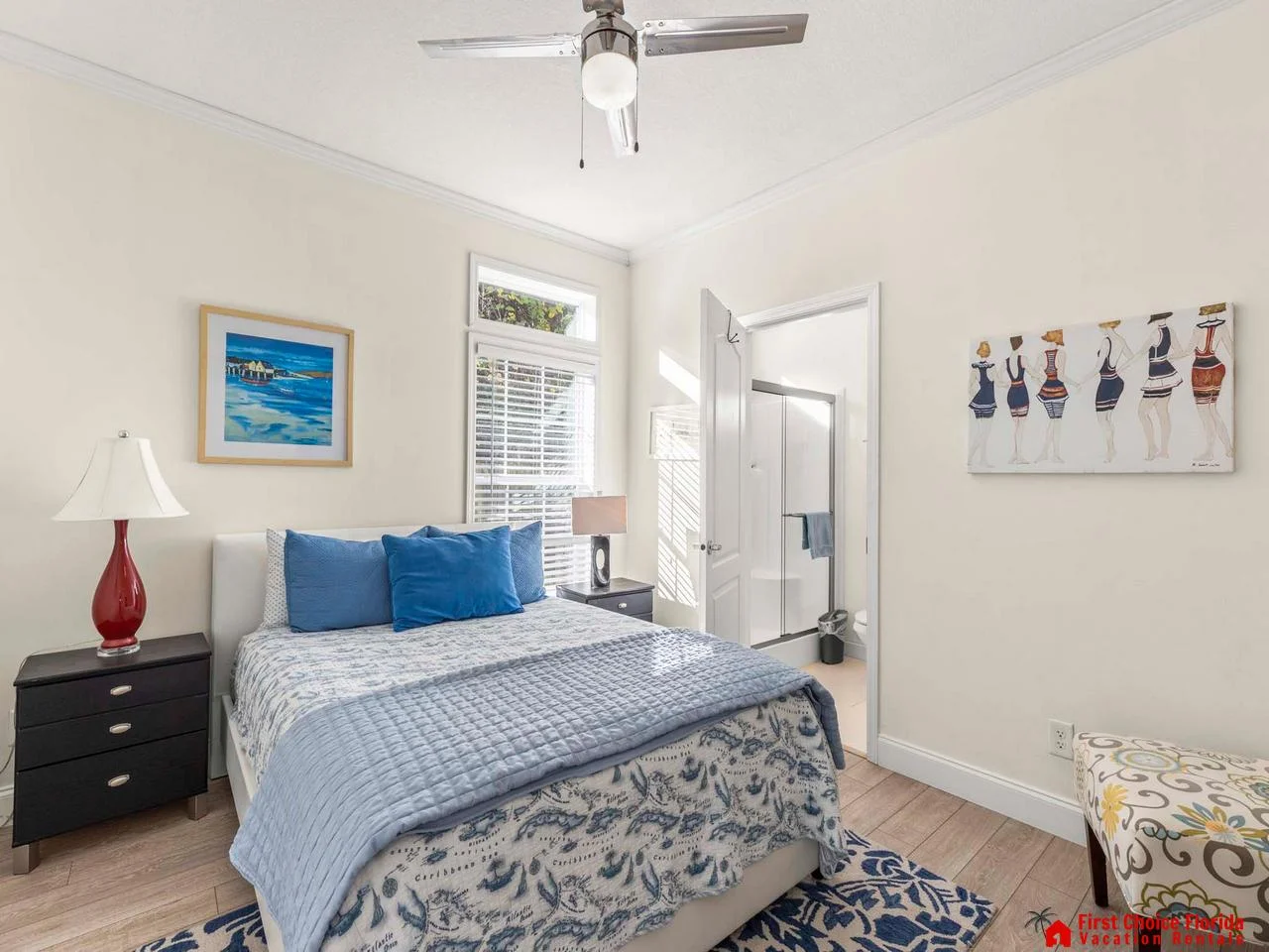 Bright and cozy bedroom with serene coastal decor
