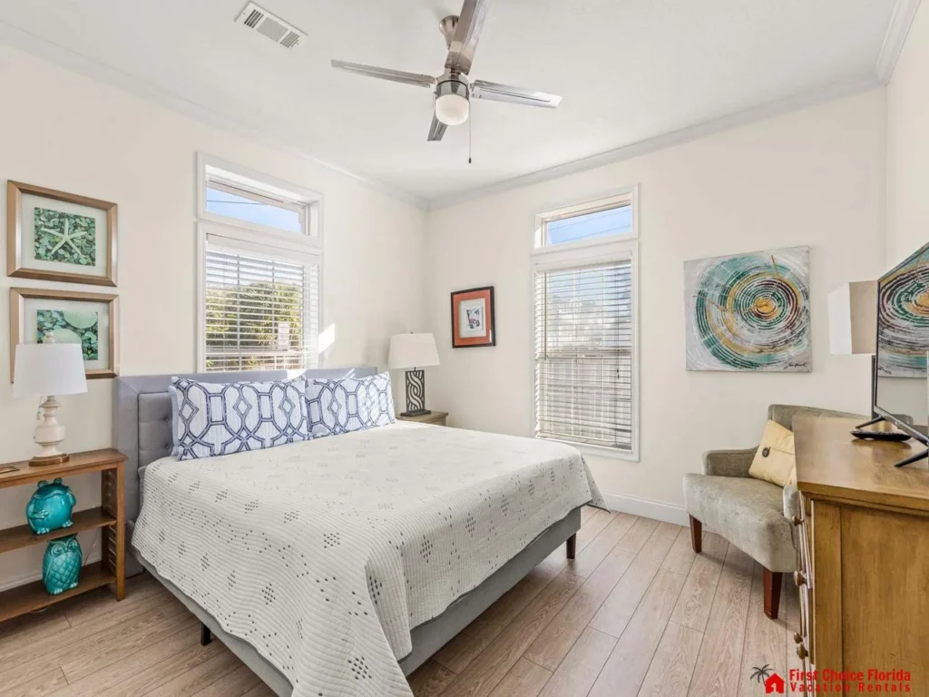 Bright and airy bedroom with cozy coastal charm and natural light