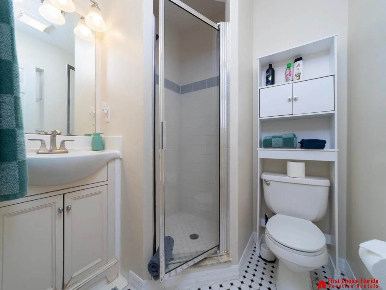 Cozy bathroom with bright lighting and classic tile flooring