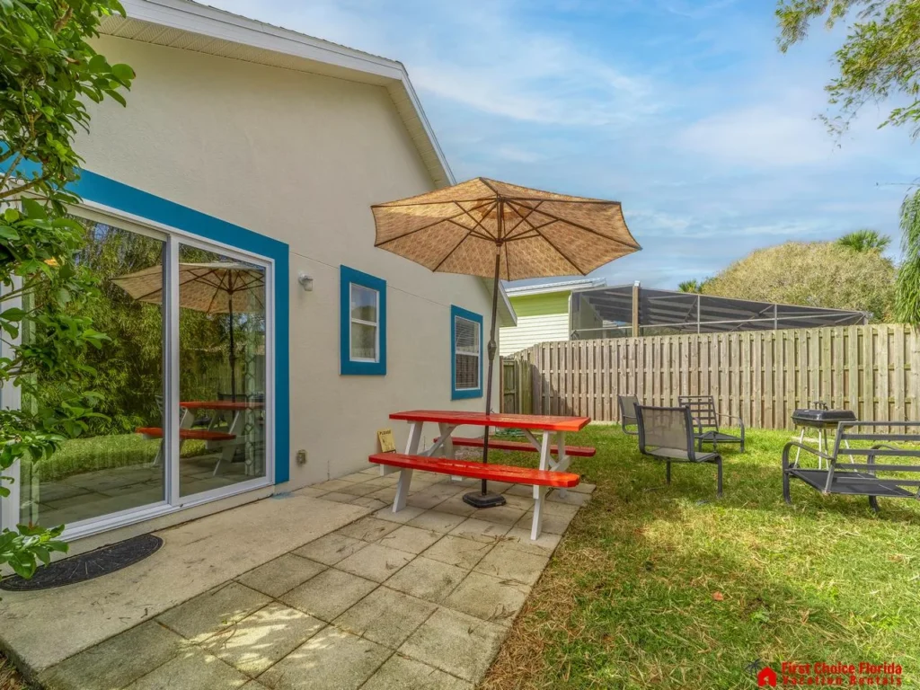 Sunny patio with picnic table