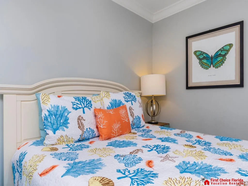 Cozy bedroom with vibrant coastal-inspired bedding and soft lighting