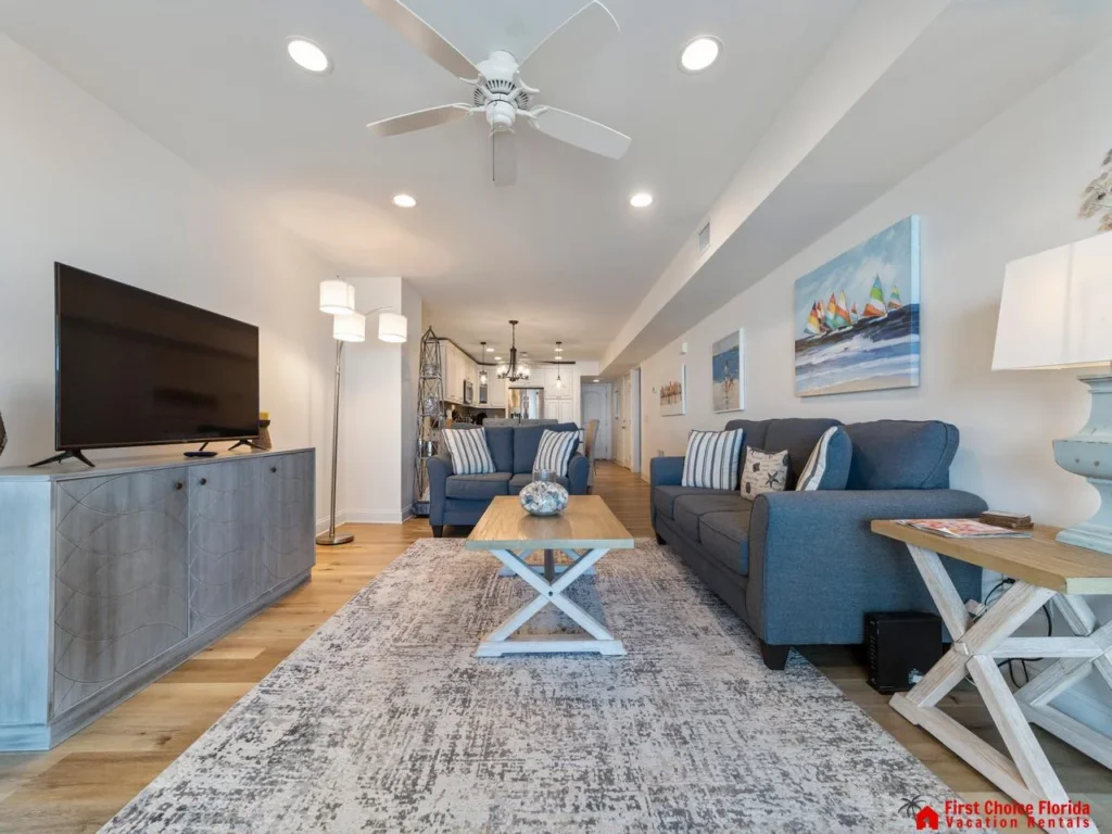 Spacious living room with cozy seating and modern decor