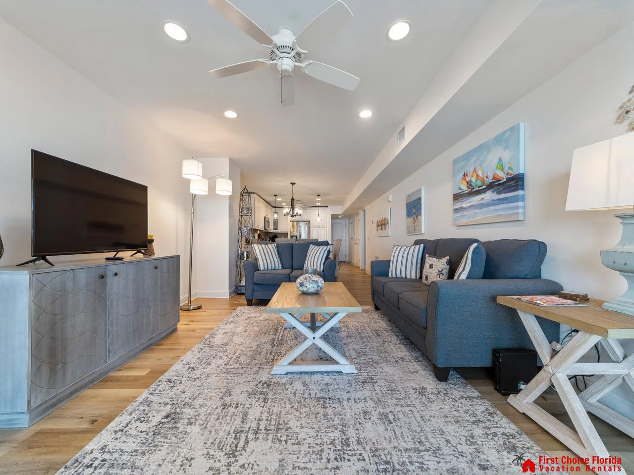 Spacious living room with cozy seating and modern decor