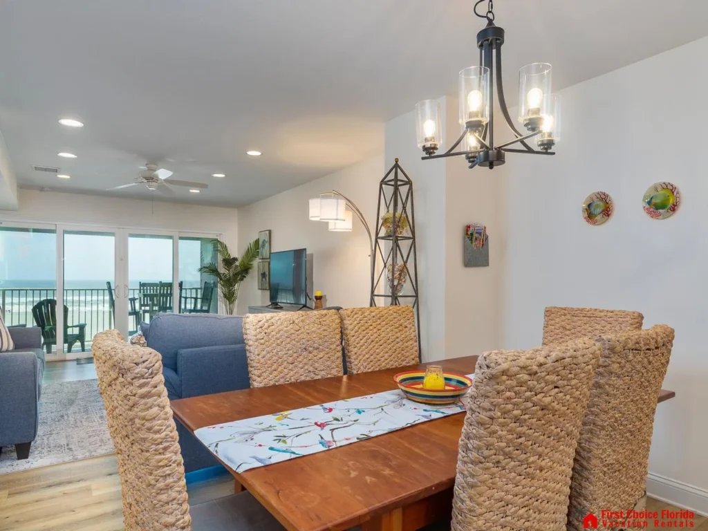 Spacious dining area with coastal views and natural light