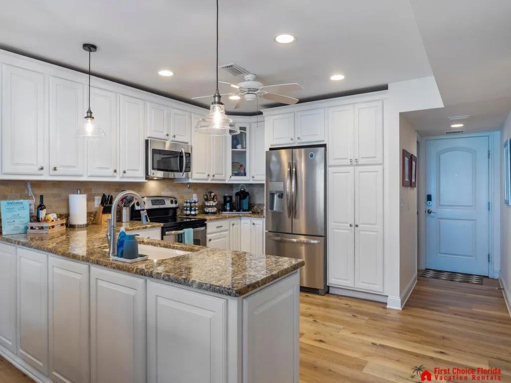 Modern kitchen with granite countertops and stainless steel appliances