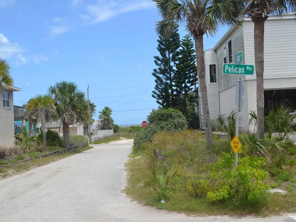 Quiet sandy road lined with palm trees and coastal homes, ending near a stop sign with ocean glimpses ahead.