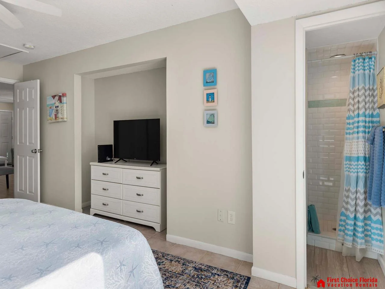 Cozy bedroom retreat with smart TV and calming decor