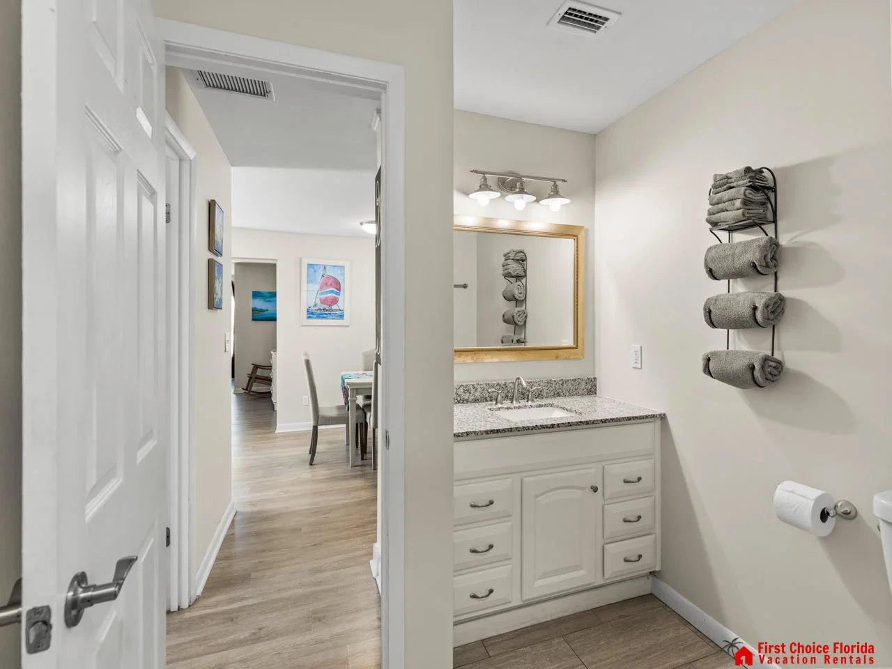 Bright, airy bathroom with modern fixtures and ample storage