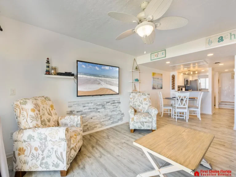 Cozy living room with beach-themed decor and open layout