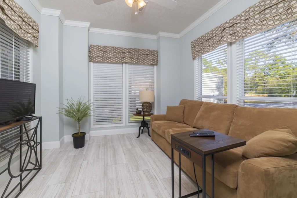 Sitting room with tan suede sofa, dark wood side table, black metal TV stand, and patterned valances on windows.