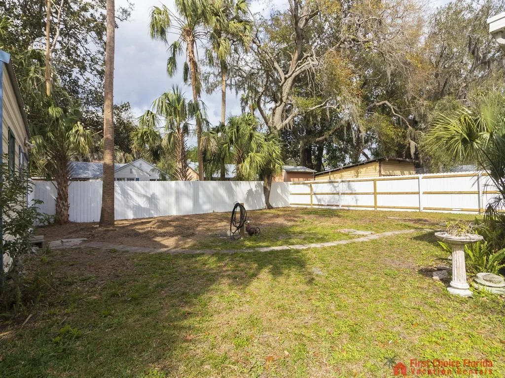 Fenced backyard with patchy grass, tall palm trees, and a concrete birdbath near the corner.