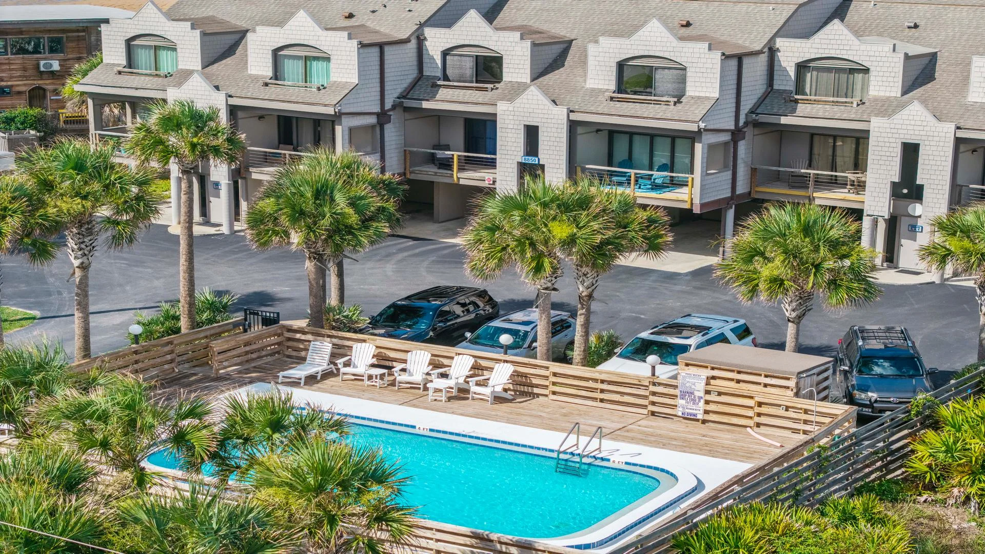 Rectangular outdoor pool with blue tile trim, surrounded by a wooden deck, white Adirondack chairs, and palm trees.